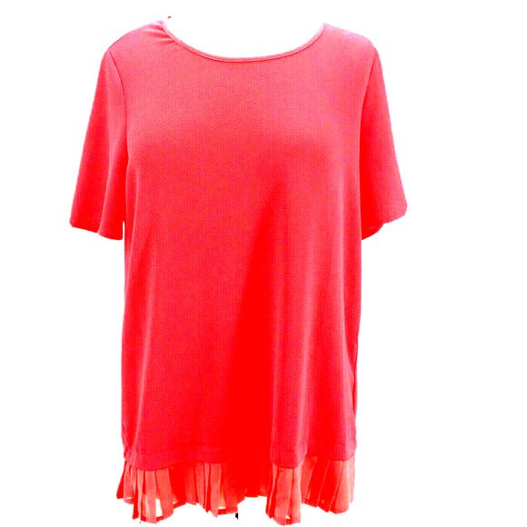 Pleione Coral/Pink Ruffle Hem Keyhole Women's Short Sleeve Blouse Size Medium - Picture 2 of 10